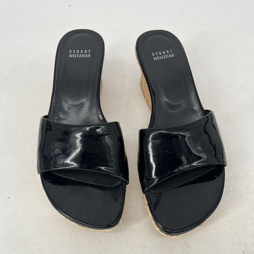 Stuart Weitzman Black Patent Wedge Slide Sandals Raffia Platform Women's 6.5 - Picture 9 of 9